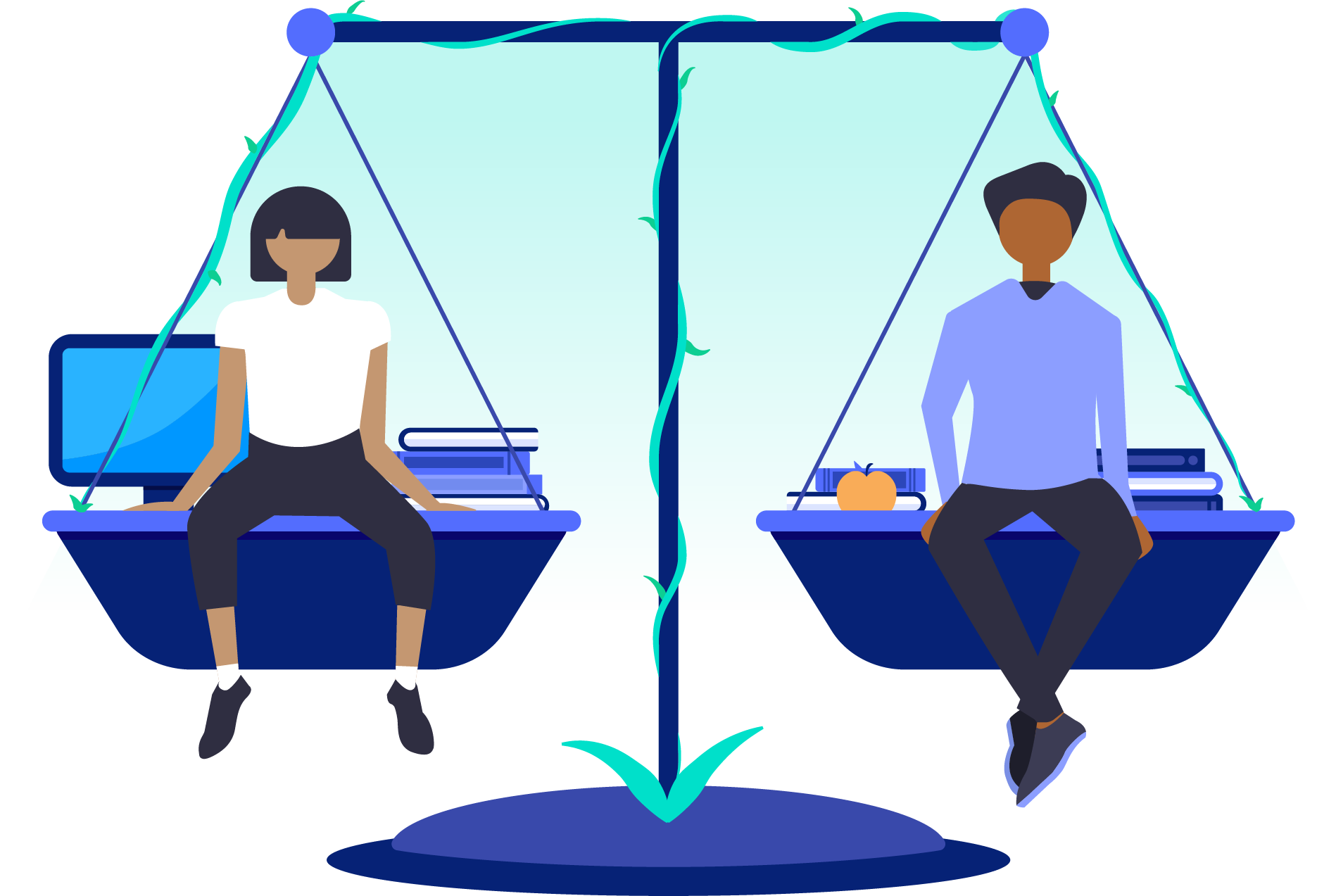 Two people sitting on scales of justice